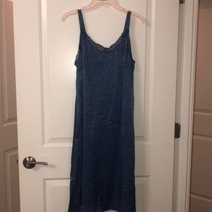 Blue tea length silk shift dress